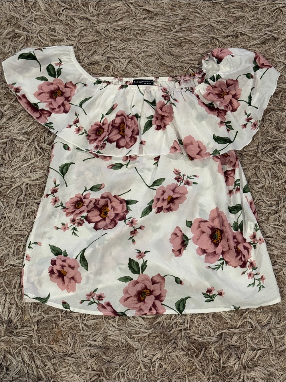 SHEIN White Off-Shoulder Tunic with Pink Floral Print